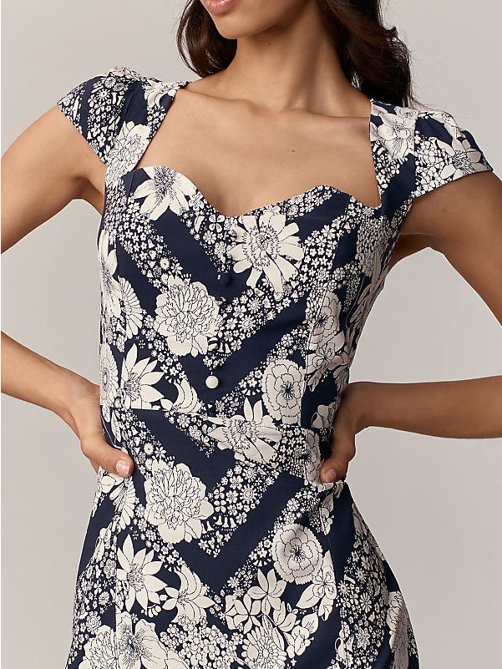 Navy Floral Sweetheart Cap-Sleeve Dress